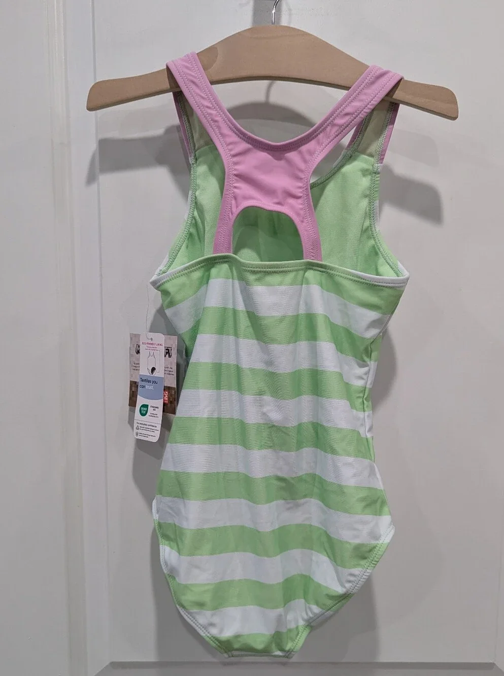 NEW Minecraft Kids One Piece Swimsuit Green White Stripes Pink Girls Size 7 8